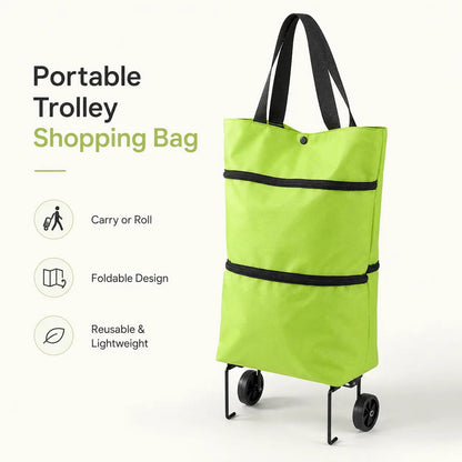 Foldable Shopping Trolley Bag with Wheels, Portable Reusable Grocery Tote, Lightweight Rolling Shopping Cart Bag with Carry Handles for Supermarket, Travel, Laundry and Daily Use
