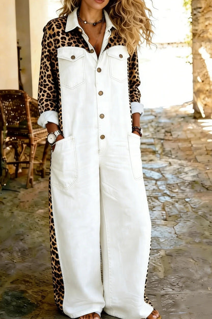 Women's Casual Long-Sleeved Pocket Leopard Print Denim Jumpsuit