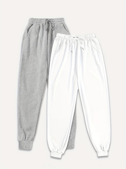 Two Pack Pants, Solid Drawstring High Waisted Sweatpants, Casual Every Day Pants, Women's Clothing