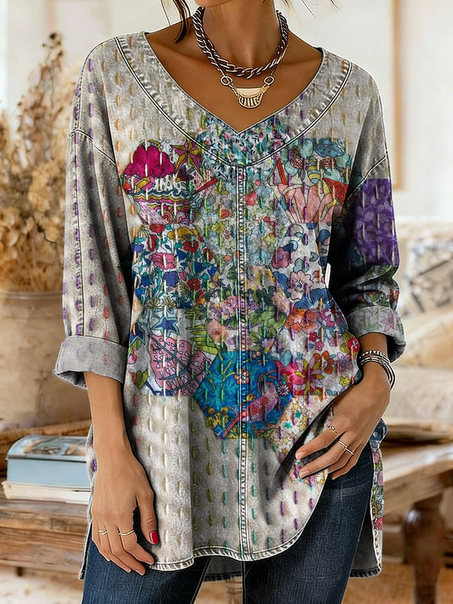 Women's Retro Colorful Art Print Casual V-neck Washed Cotton Denim Top