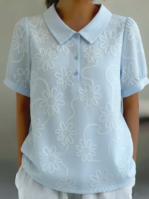 Vintage Peter Pan Collar Floral Embroidery Cotton Shirt