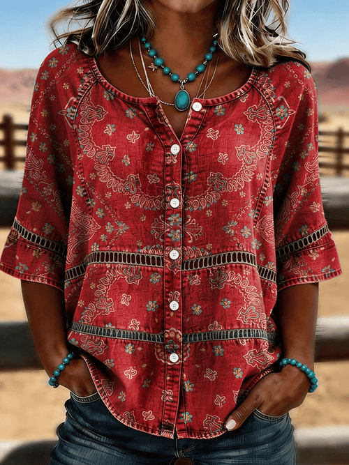 Women's Casual Western Floral Print Cotton Linen Hollow-Out Top