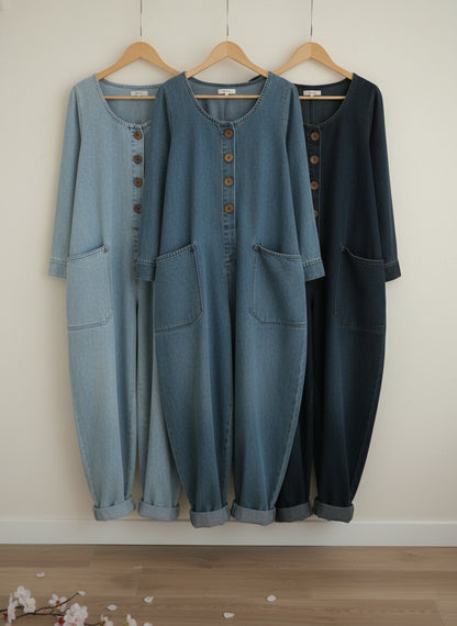 Women's Casual Cotton Long Sleeves and Denim Jumpsuit