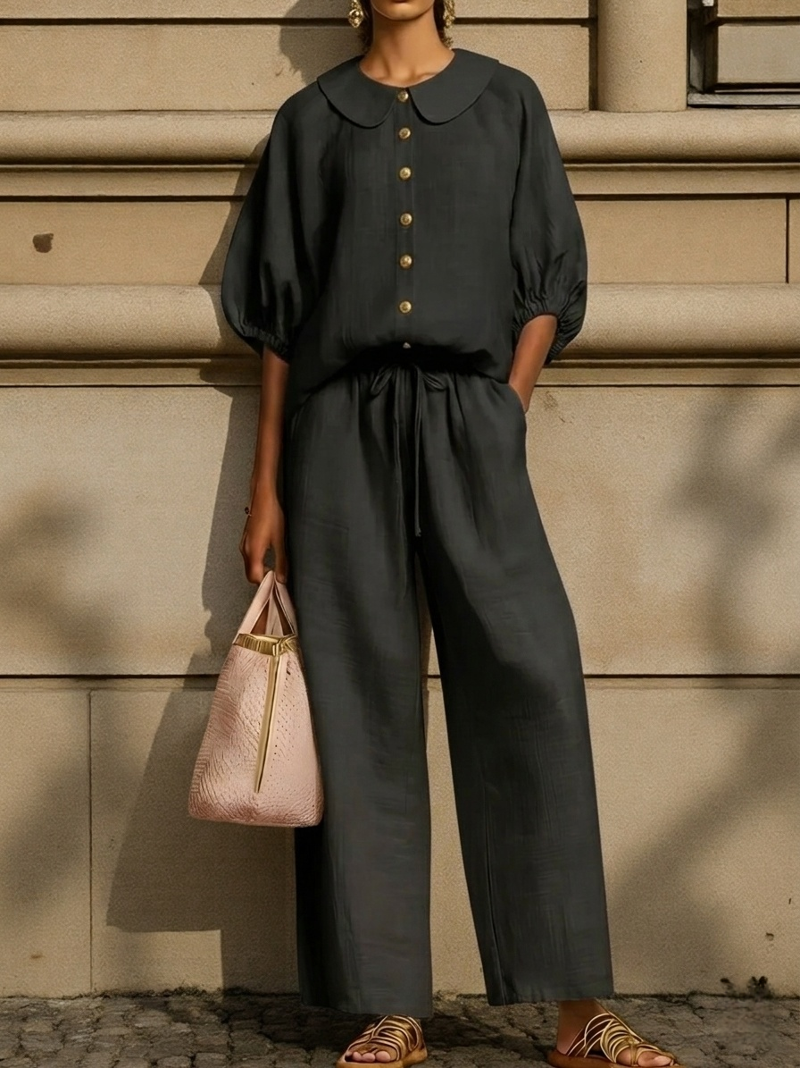 New Arrivals🔥Stylish Peter Pan Collar Shirt And Wide-leg Pant Linen Two-piece Set