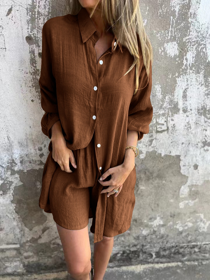 Women'S Casual Solid Color Cotton And Linen Shorts Long Sleeve Wrinkled Shirt Two Piece Set