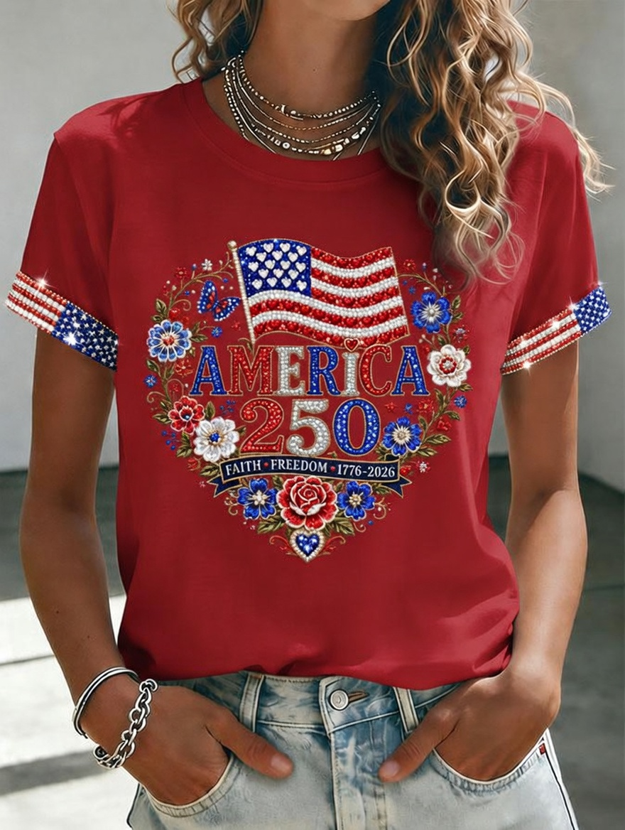 Women'S American Independence Day 250Th Anniversary Printed Short Sleeved T-Shirt