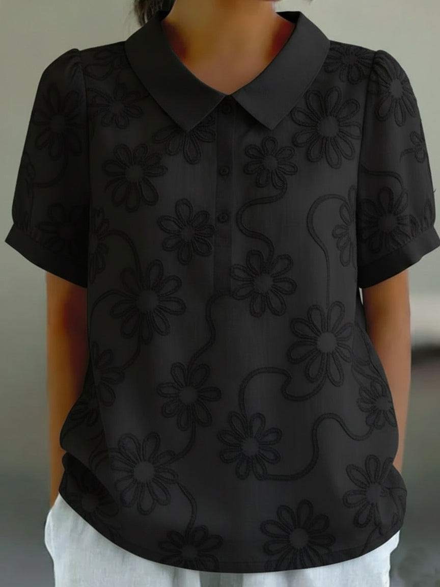 Vintage Peter Pan Collar Floral Embroidery Cotton Shirt