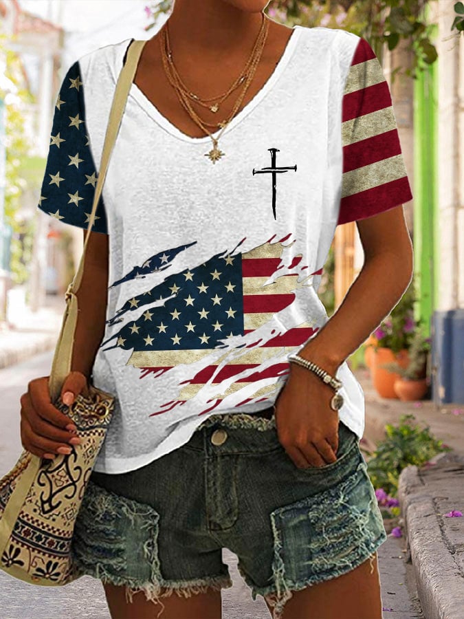 Women's Cross And Flag Print T-shirt