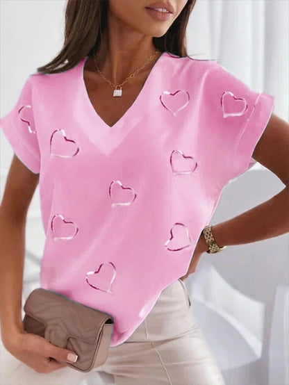 Spring/Summer New Style White Heart Shape Printed V-neck Casual T-shirt