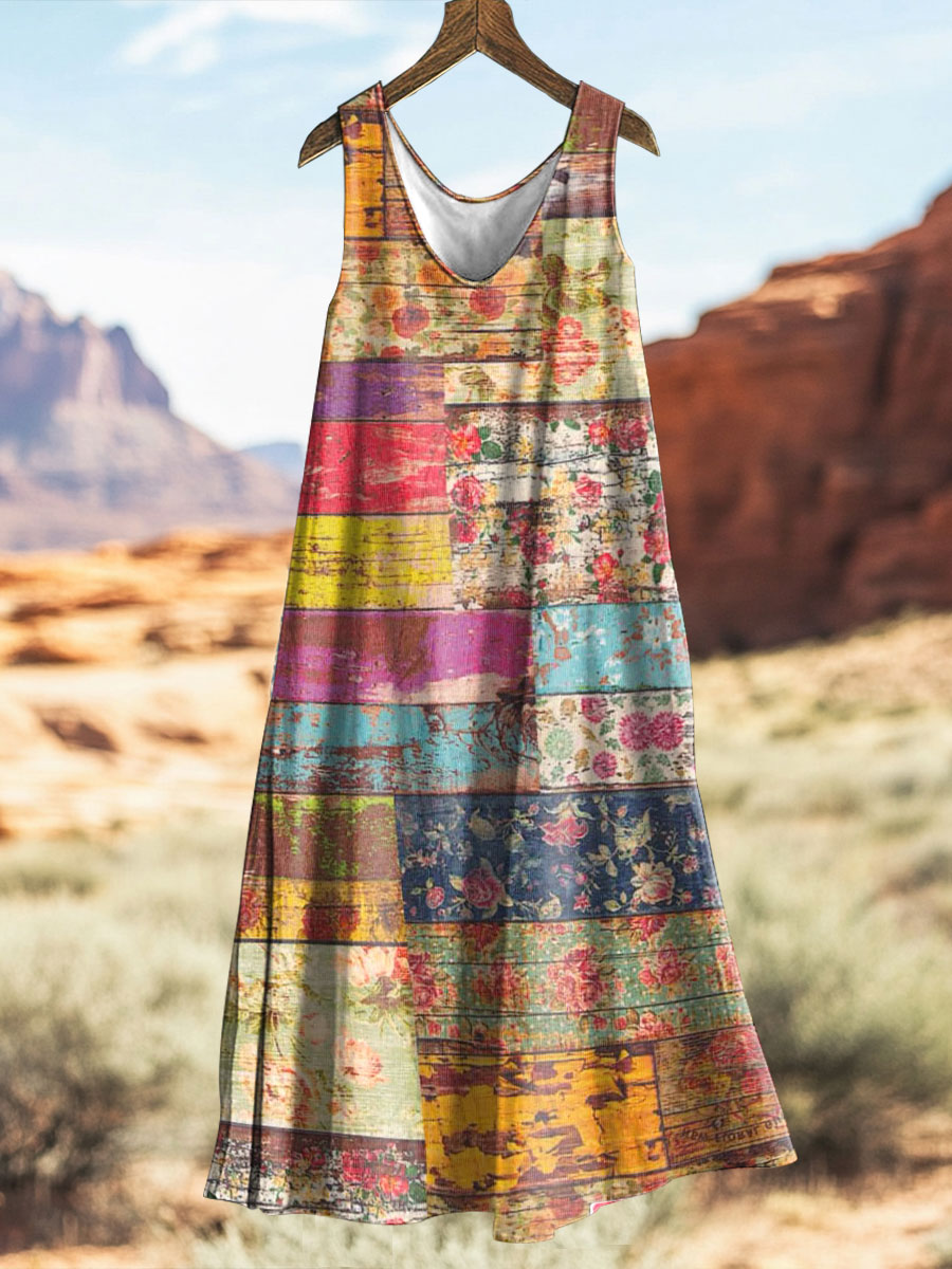 Women's Retro Geometric Floral Print Sleeveless Dress