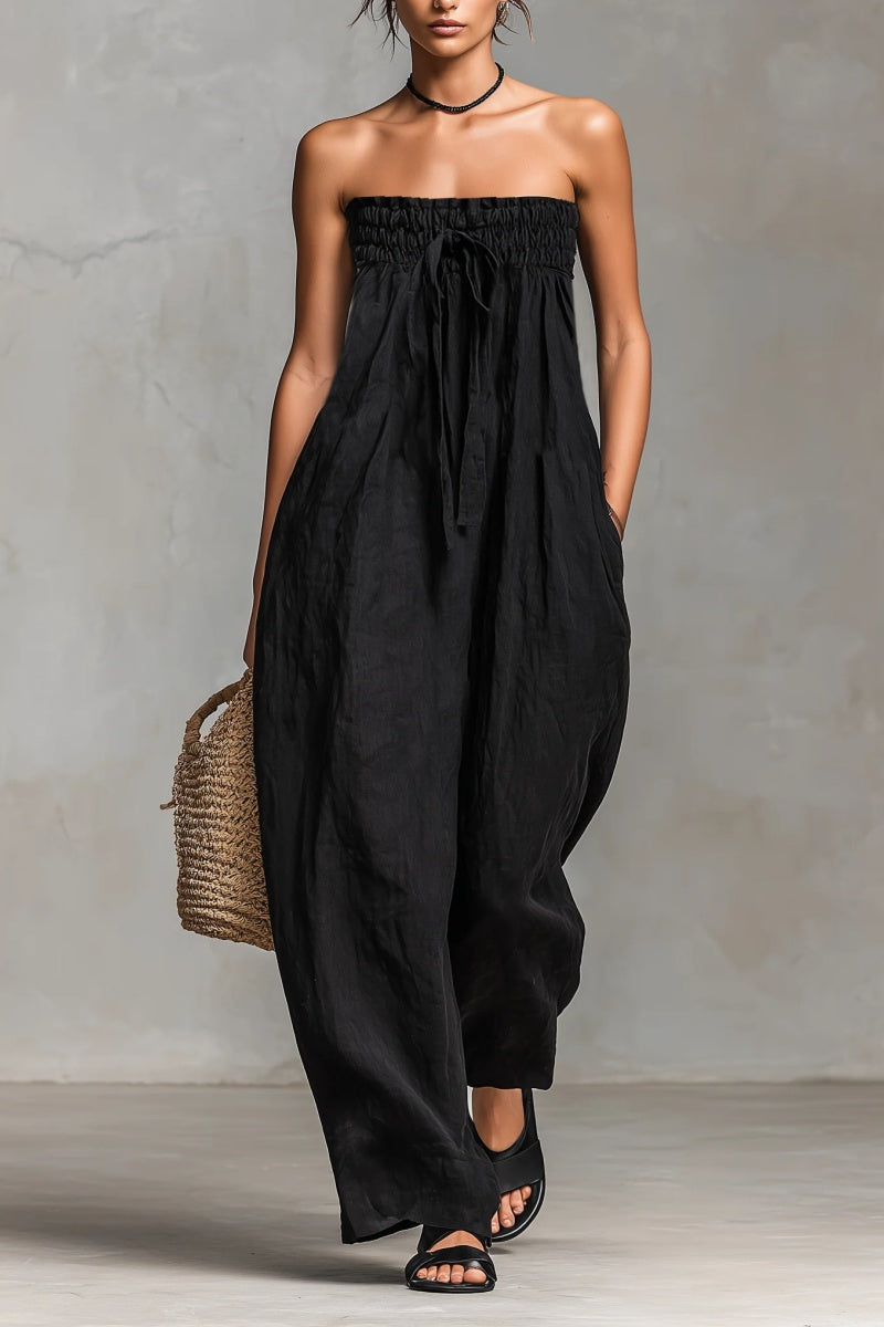 Women's Minimalist Loose-fitting Linen Blend Strapless Jumpsuit With Tie Closure
