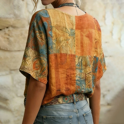 Women's Dragonfly And Floral Art  Flowy Linen Blend Short Sleeve Tops