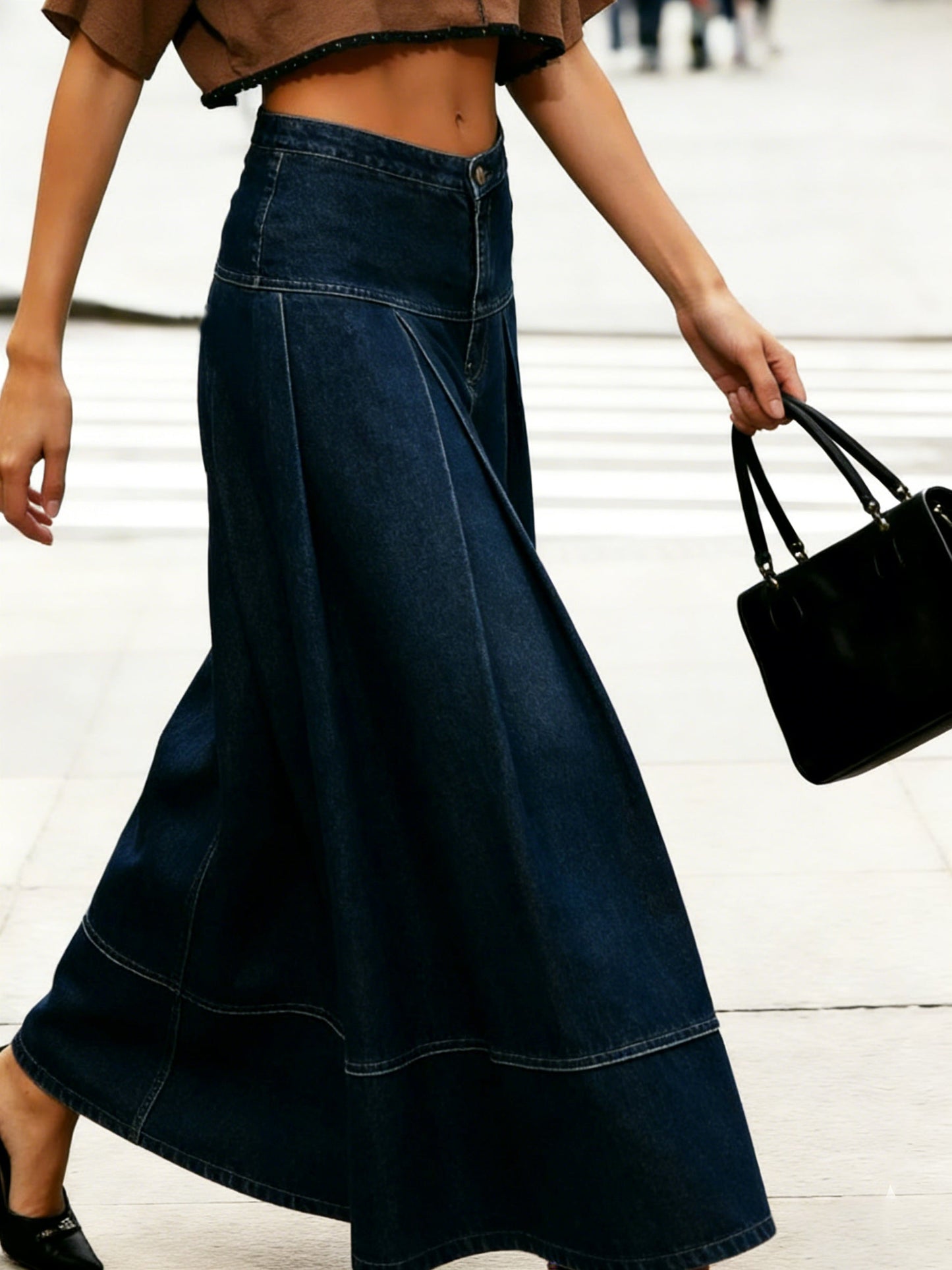 Stylish Wide-pleated 100% Cotton Denim Skirt