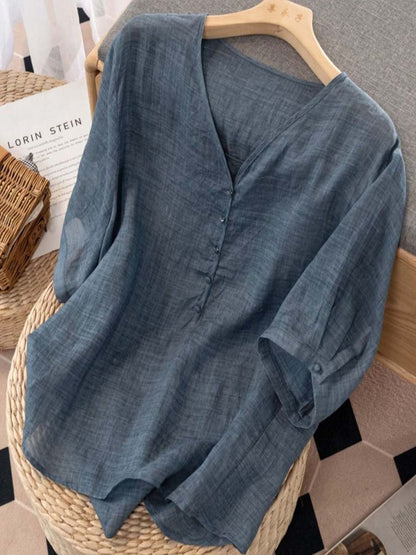 Women's Solid Color V-Neck Short Sleeve Loose Casual Linen Top