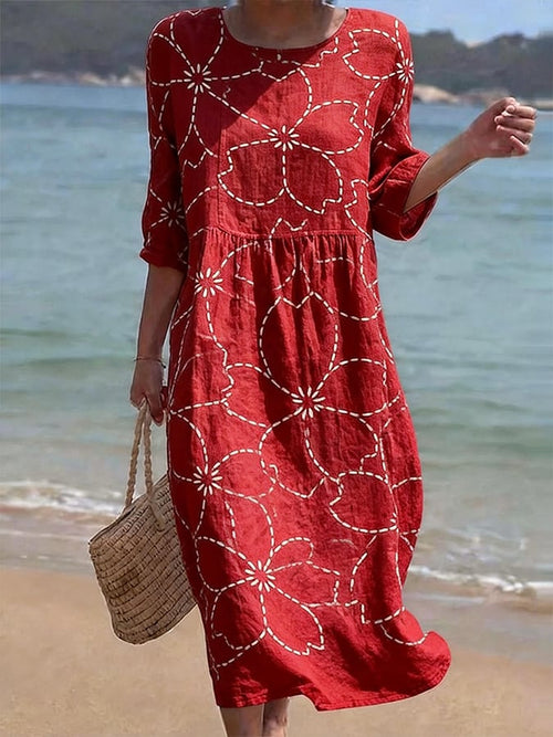 Women's Casual  Round Neck Mid Sleeve Print Cotton and Linen Dress