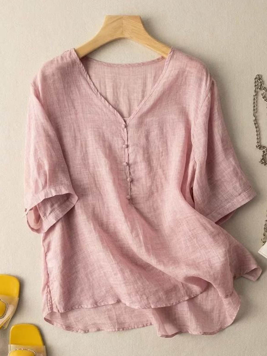 Women's Solid Color V-Neck Short Sleeve Loose Casual Linen Top