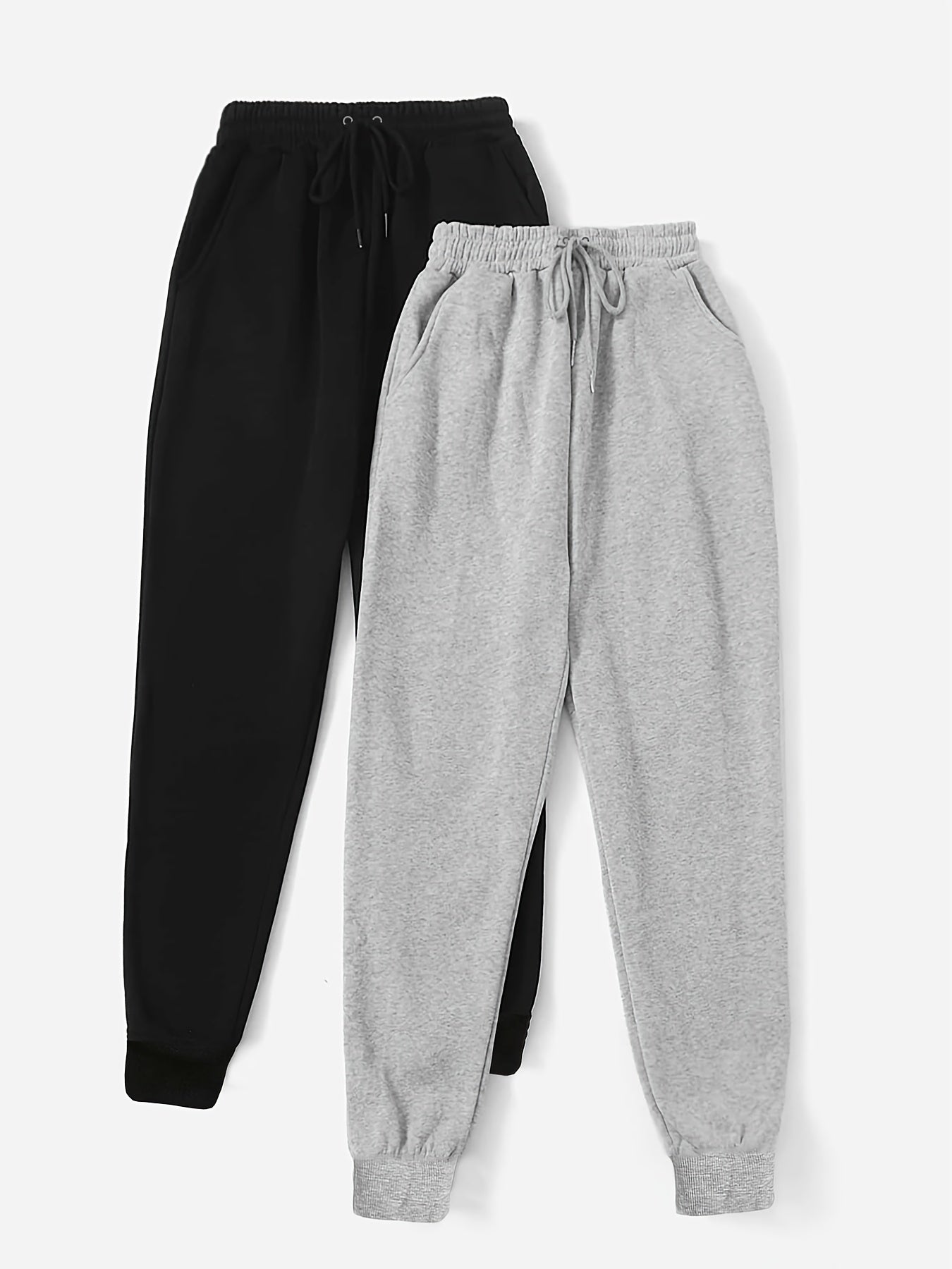 Two Pack Pants, Solid Drawstring High Waisted Sweatpants, Casual Every Day Pants, Women's Clothing