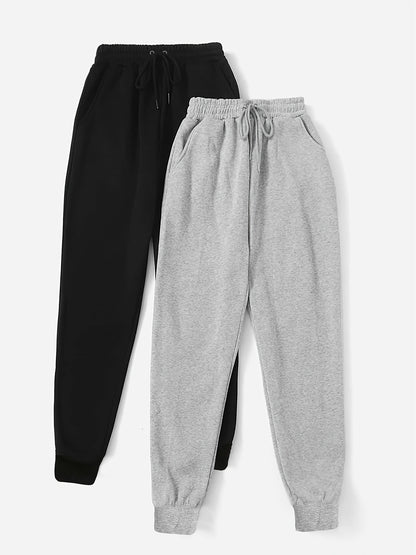 Two Pack Pants, Solid Drawstring High Waisted Sweatpants, Casual Every Day Pants, Women's Clothing