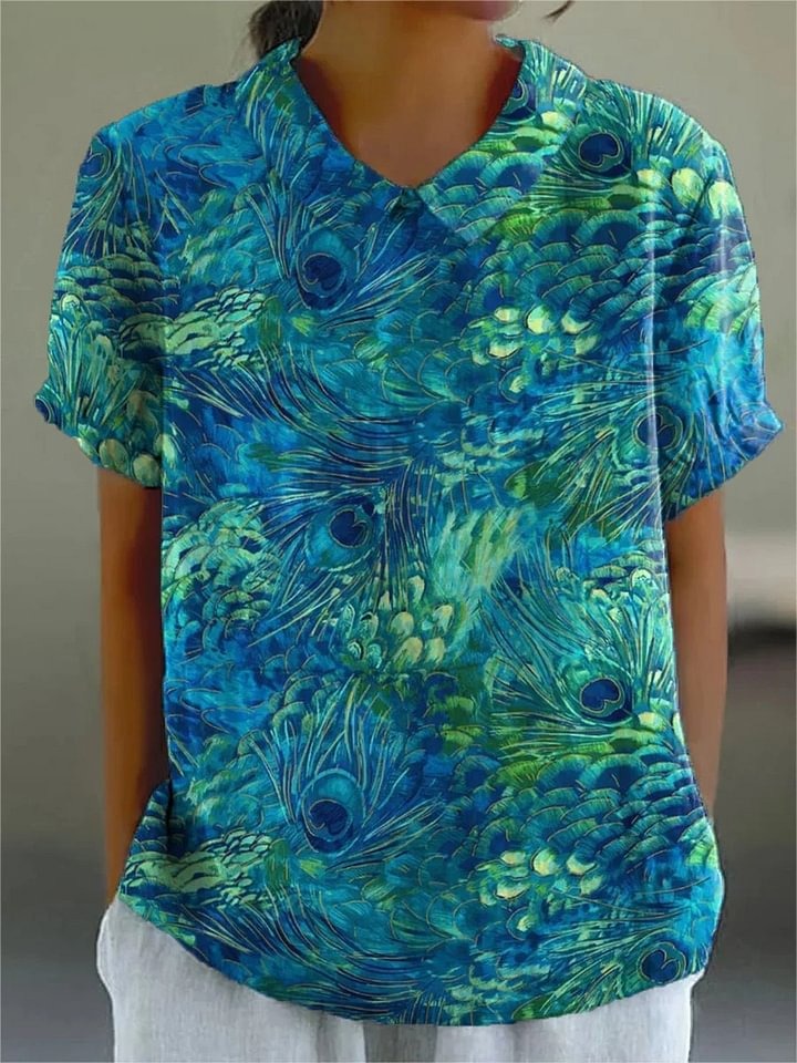 Women's Peacock Feather Pattern Art Print Casual Cotton Linen V-neck Shirt