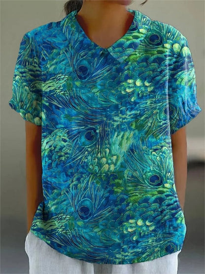 Women's Peacock Feather Pattern Art Print Casual Cotton Linen V-neck Shirt