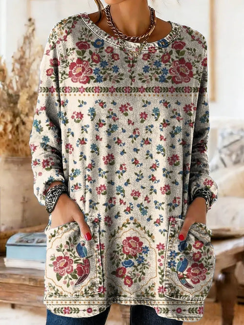 Women's Vintage Ethnic Floral Art Print Casual Long-sleeve Crew Neck Pocket Cotton Denim T-shirt