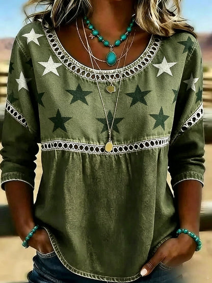Women's Casual Round-Neck Printed Cotton-Linen Top