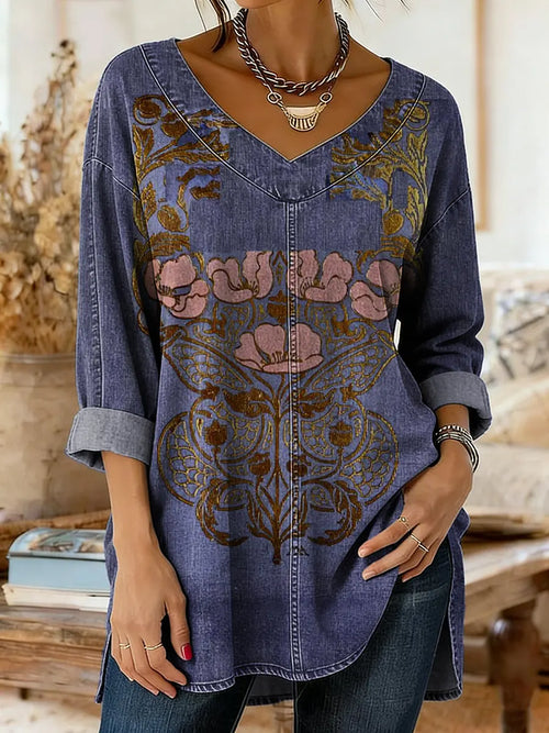 Women's Vintage Floral Print Artistic Washed Denim Cotton Shirt