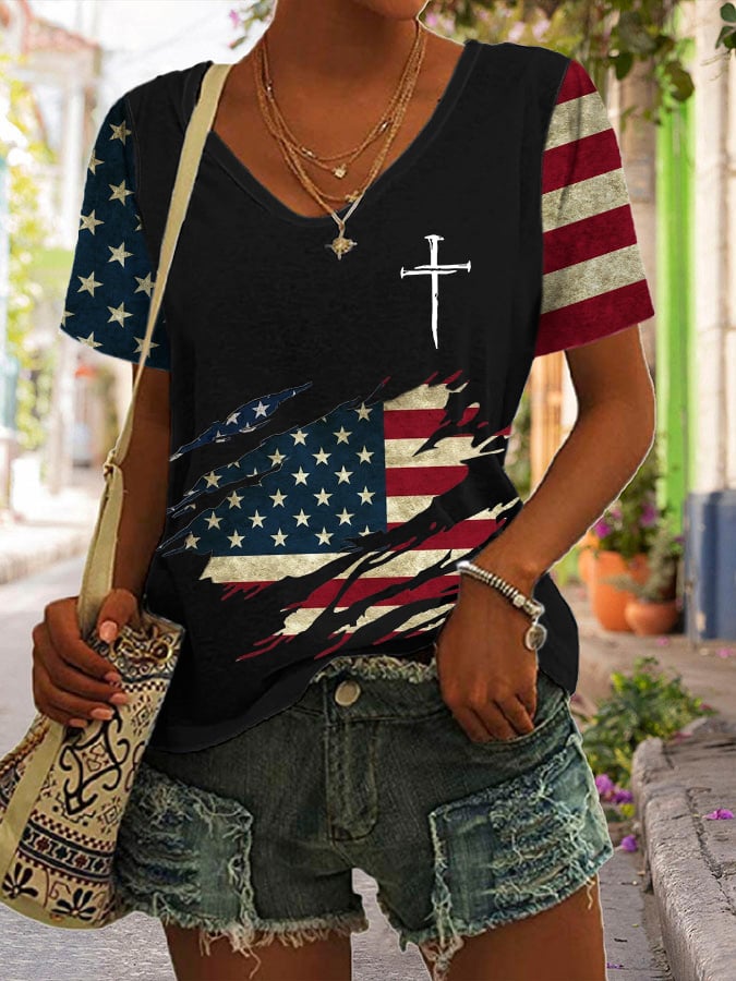 Women's Cross And Flag Print T-shirt