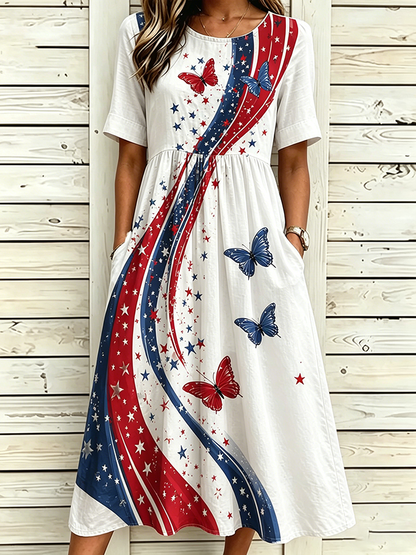 Women's National Flag Floral Print Cotton Linen Short-Sleeved Dress