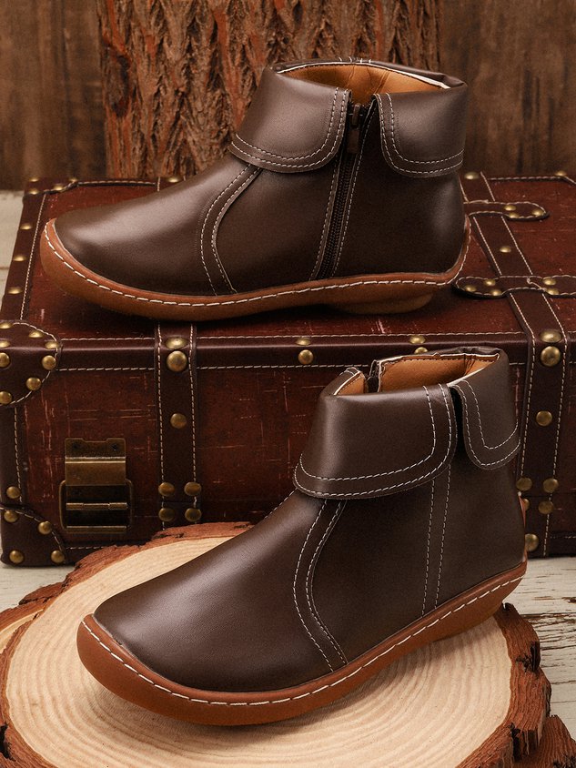 Women Hemmed Zip Casual Plain Round Toe Short Boots With Flat Heel