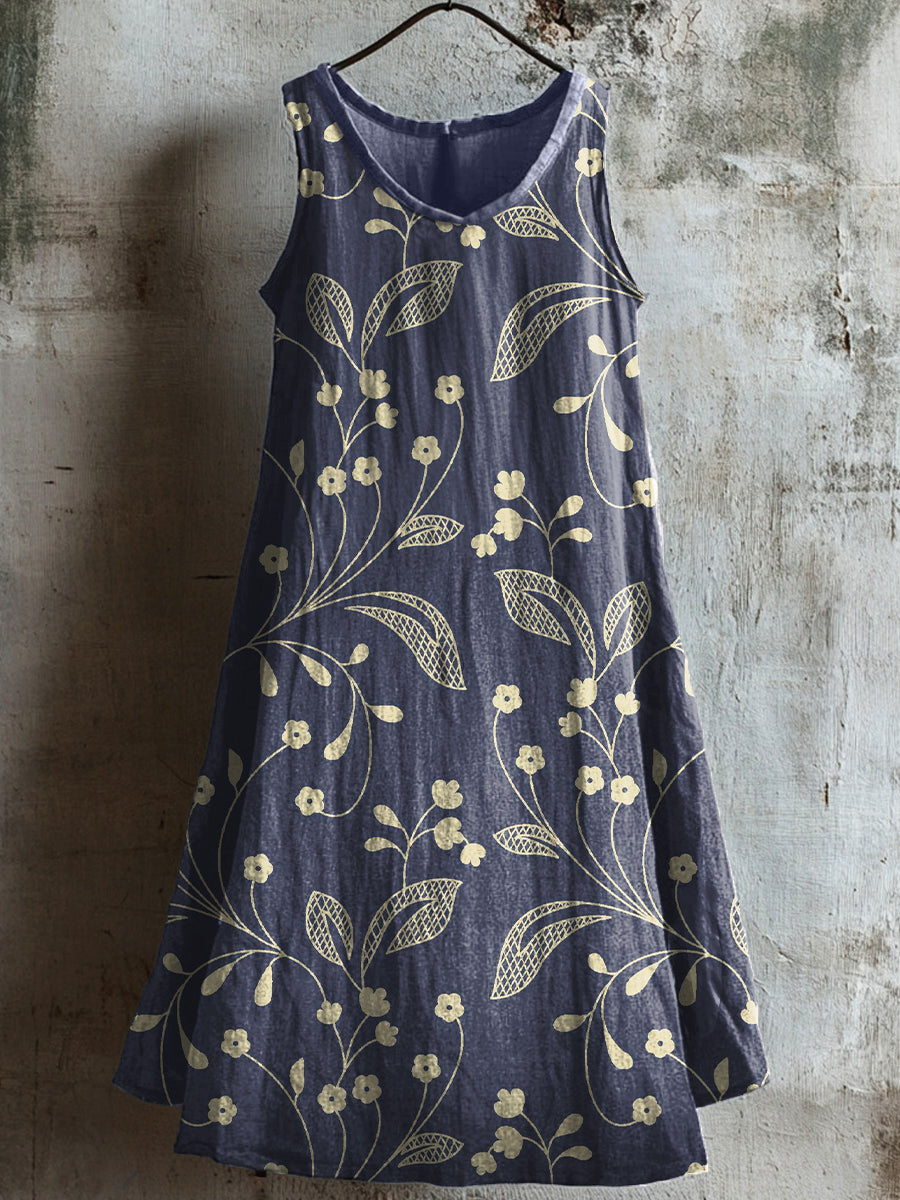 Women's Vintage Floral Print Linen Midi Dress