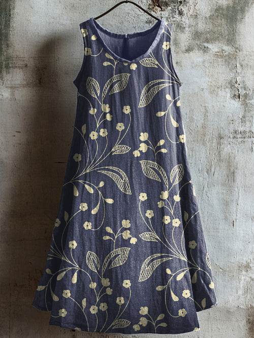 Women's Vintage Floral Print Linen Midi Dress