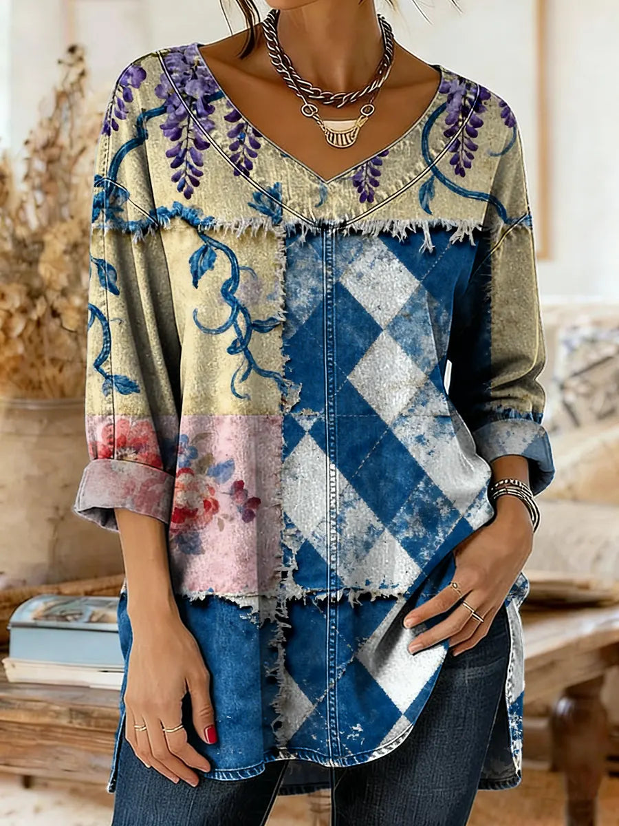 Women's Vintage Patchwork Pattern Art Print Casual Washed Denim Cotton Top