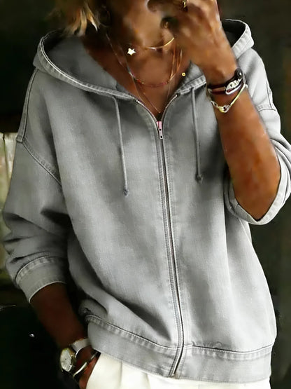 Women's Casual Long Sleeve Denim Zipper Hoodie Coat