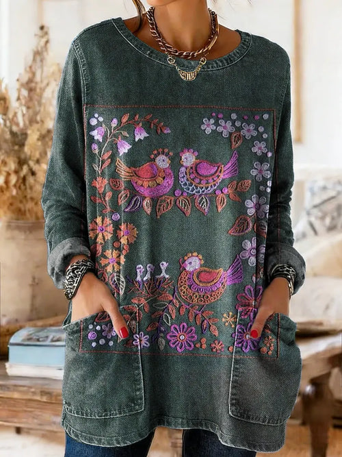 Women's Artistic Floral And Bird Print Casual Long-sleeve Crew Neck Pocket Cotton Denim T-shirt