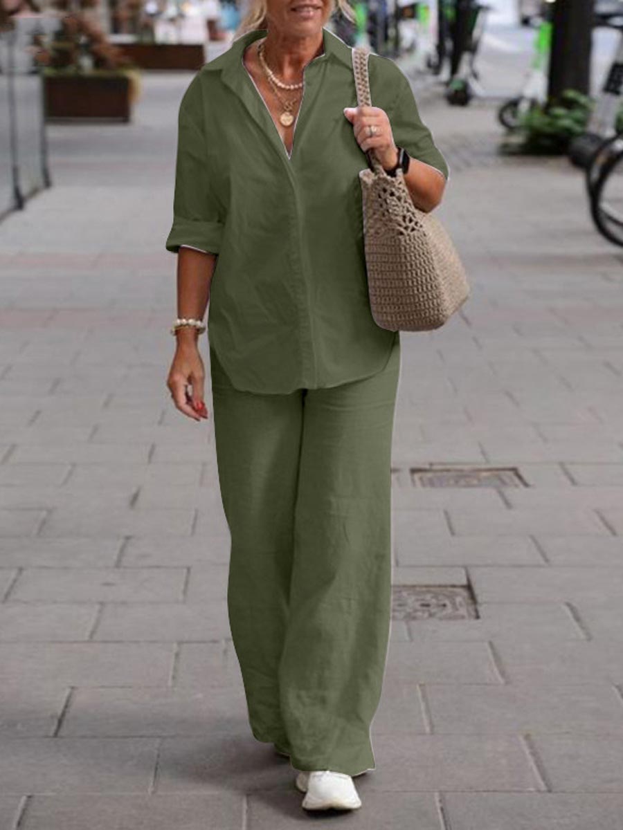 Women's Solid Color Casual Loose Long Sleeve Shirt Wide Leg Pants Two-piece Suit