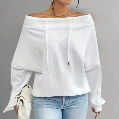 Women's Casual Off Shoulder Drawstring Batwing Sleeve Sweatshirt