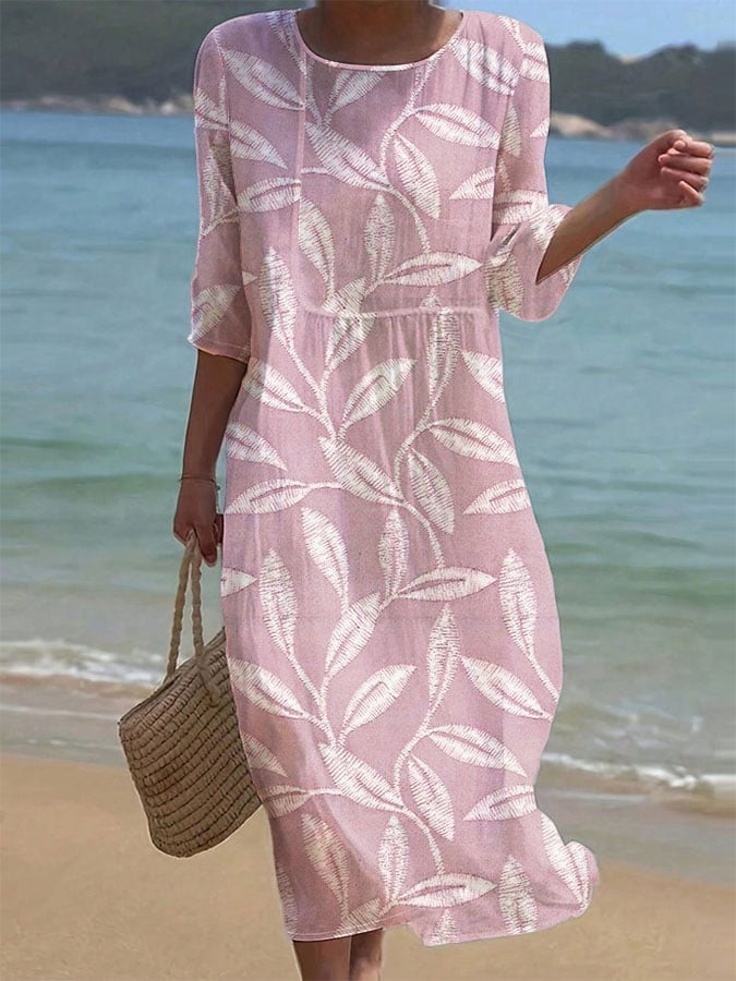Women's Casual Solid Color Round Neck Mid Sleeve Print Cotton and Linen Dress