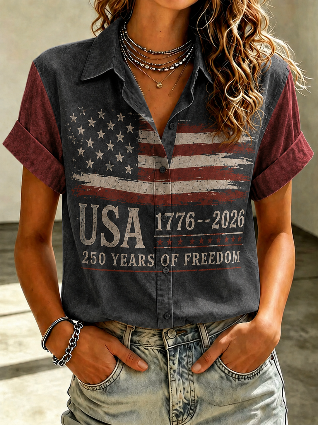 Women'S Casual American Flag 250Th Anniversary Celebration Floral Embroidery Printed Lapel Shirt