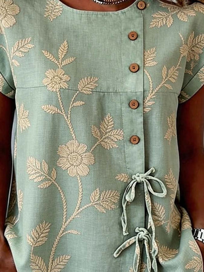 Women'S Casual Printed Tie-Waist Button-Up Top