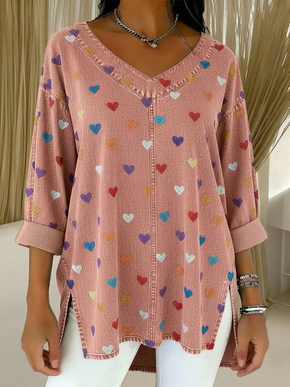 Women's Heart Casual Washed Denim Cotton Top