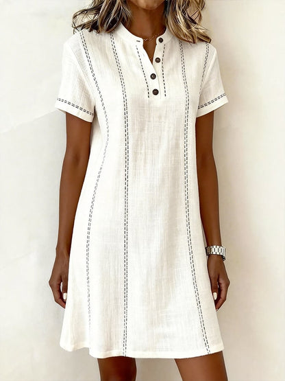 Women's Casual Round-Neck Color-Block Cotton-Linen Dress
