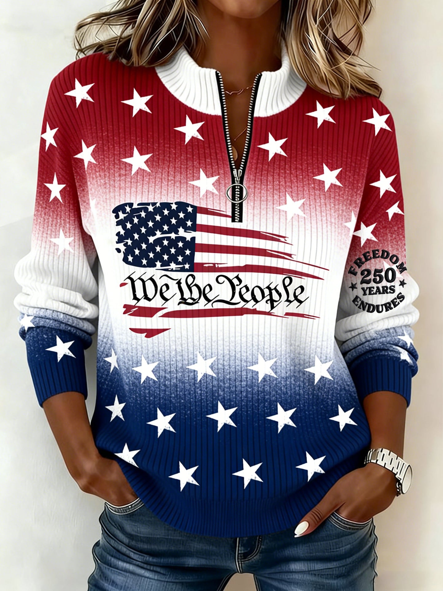 Women's Winter Patriotic 250th Anniversary Stand-Up Collar Top