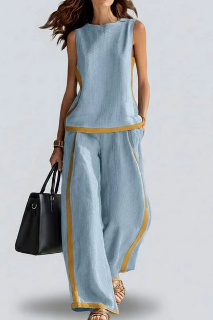 Women's Two Tone Trim Vest & Wide Leg Pants 2Pcs Set