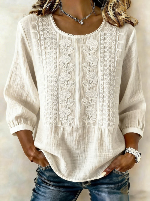 Women 3/4 Sleeve Embroidered Cotton Linen Tops
