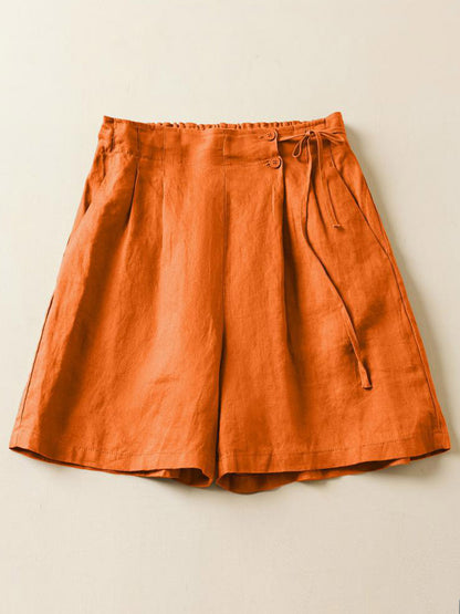 Women's Semi-elastic High Waist Solid Color Casual Cotton and Linen Wide Leg Shorts