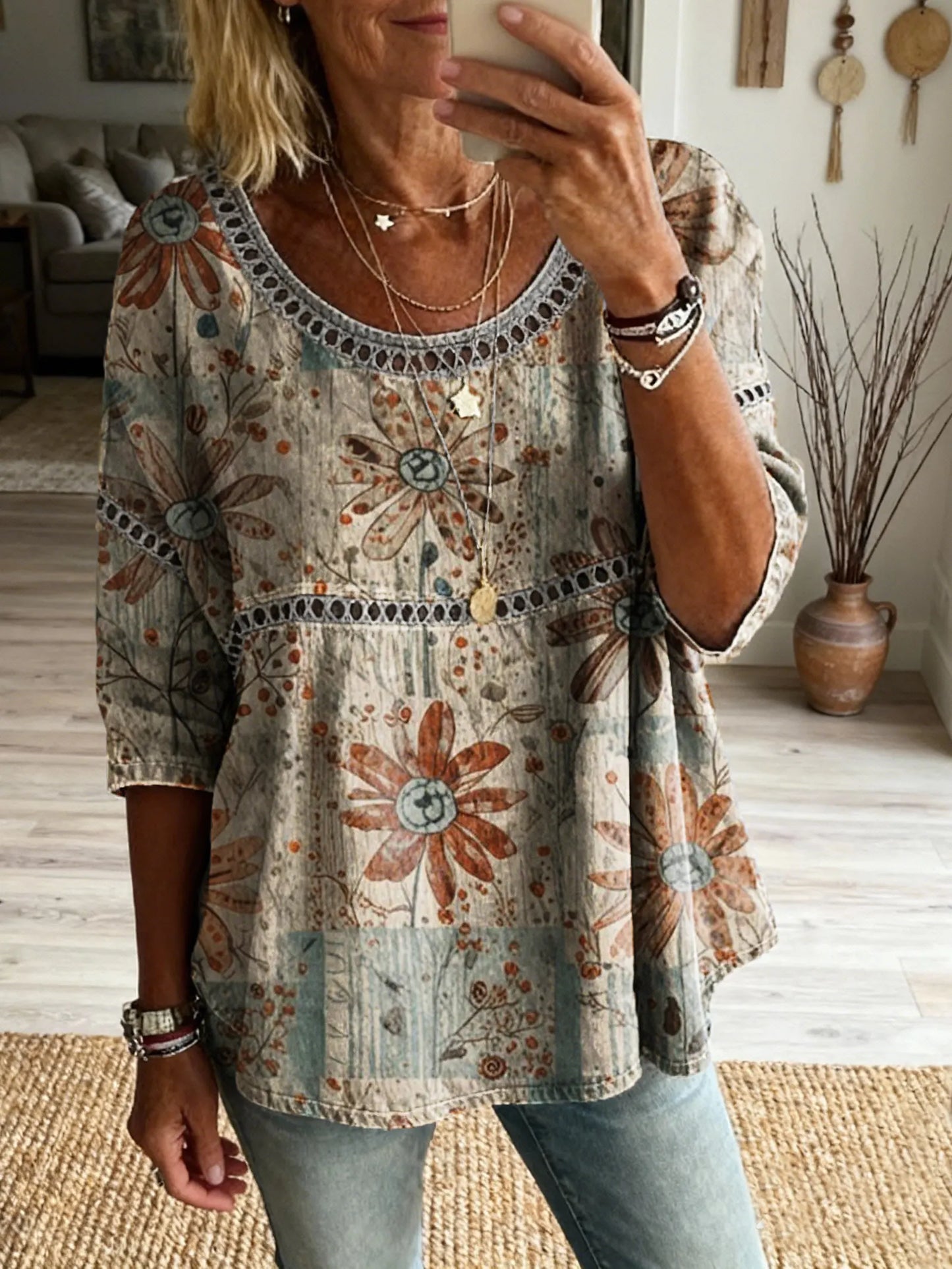 Women's Bohemian Vintage Floral Art Print Casual Round Neck Cutout Top