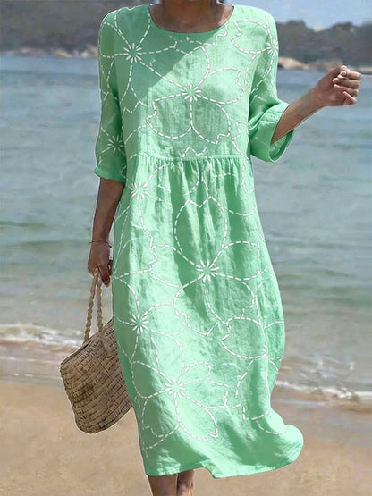 Women's Casual  Round Neck Mid Sleeve Print Cotton and Linen Dress