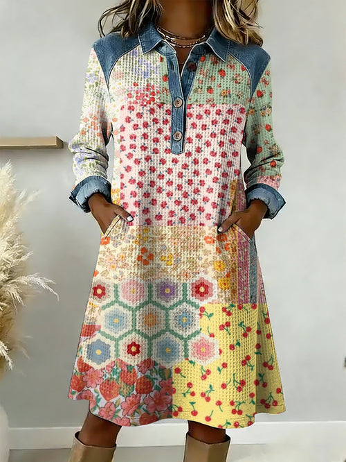 Women's floral print loose-fitting waffle knit dress (with pockets)
