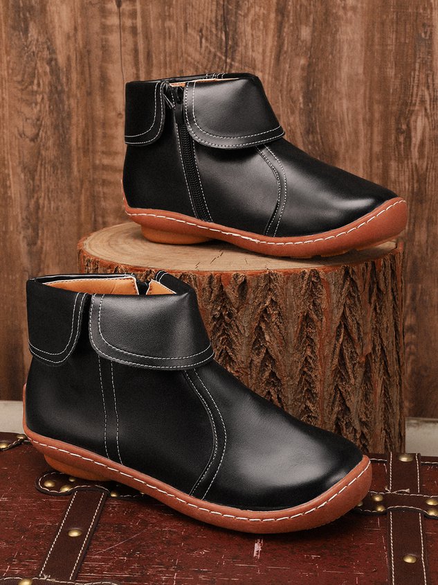 Women Hemmed Zip Casual Plain Round Toe Short Boots With Flat Heel